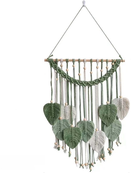 Suspension murale en macramé en forme de feuille – Décoration murale bohème – Décorations bohèmes faites à la main pour chambre, salon, salle de bain et espaces aux tons terre (Vert, 50x70cm)