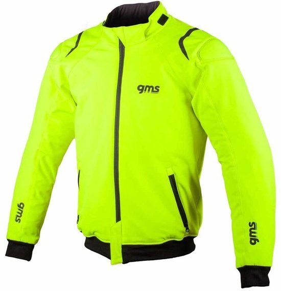 GMS motorjas in neongeel met zwarte accenten, ritssluiting en logo op de borst en mouwen.