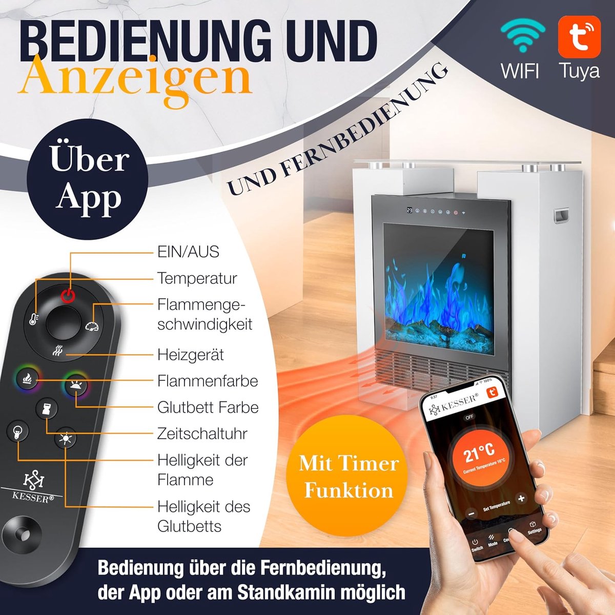 Elektrische open haard met verwarming 1800W – ABTkantoor LED sfeerhaard vrijstaand wit met realistisch vlameffect, WiFi + app + afstandsbediening, thermostaat 15-35°C, timer, 25m², moderne design haard