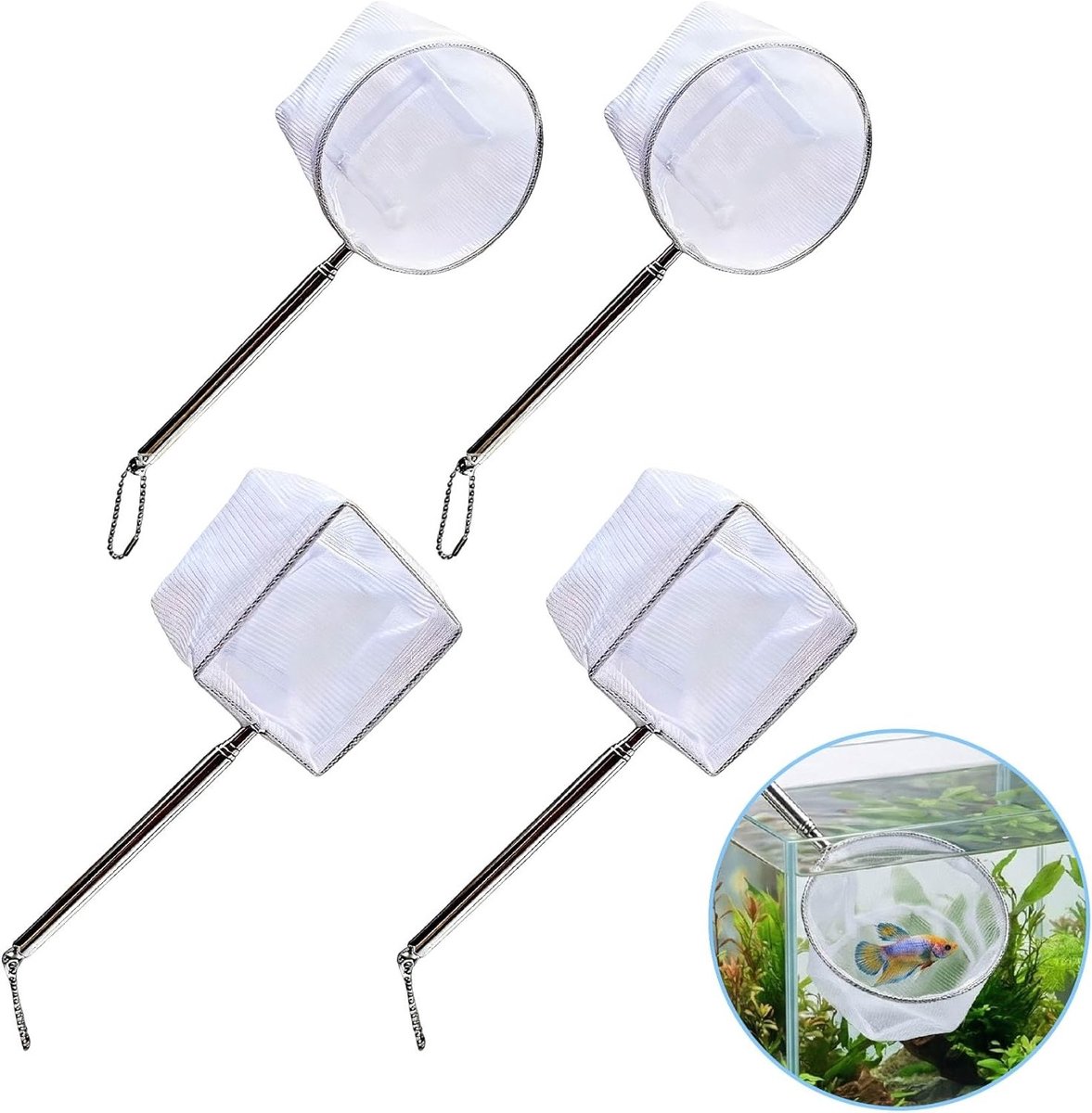 Set van 4 verlengbare schepnetten voor aquaria, ideaal voor het vangen van kleine vissen en garnalen, 13 cm tot 39 cm