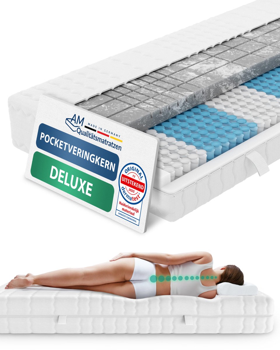 AM Qualitätsmatratzen 3D Deluxe pocketveringmatras 140 x 200 cm H2 24cm - Made in Germany & OEKO TEX-gecertificeerd - Ergonomisch matras met Lyocell-hoes - 7-zone pocketveringmatras Wit