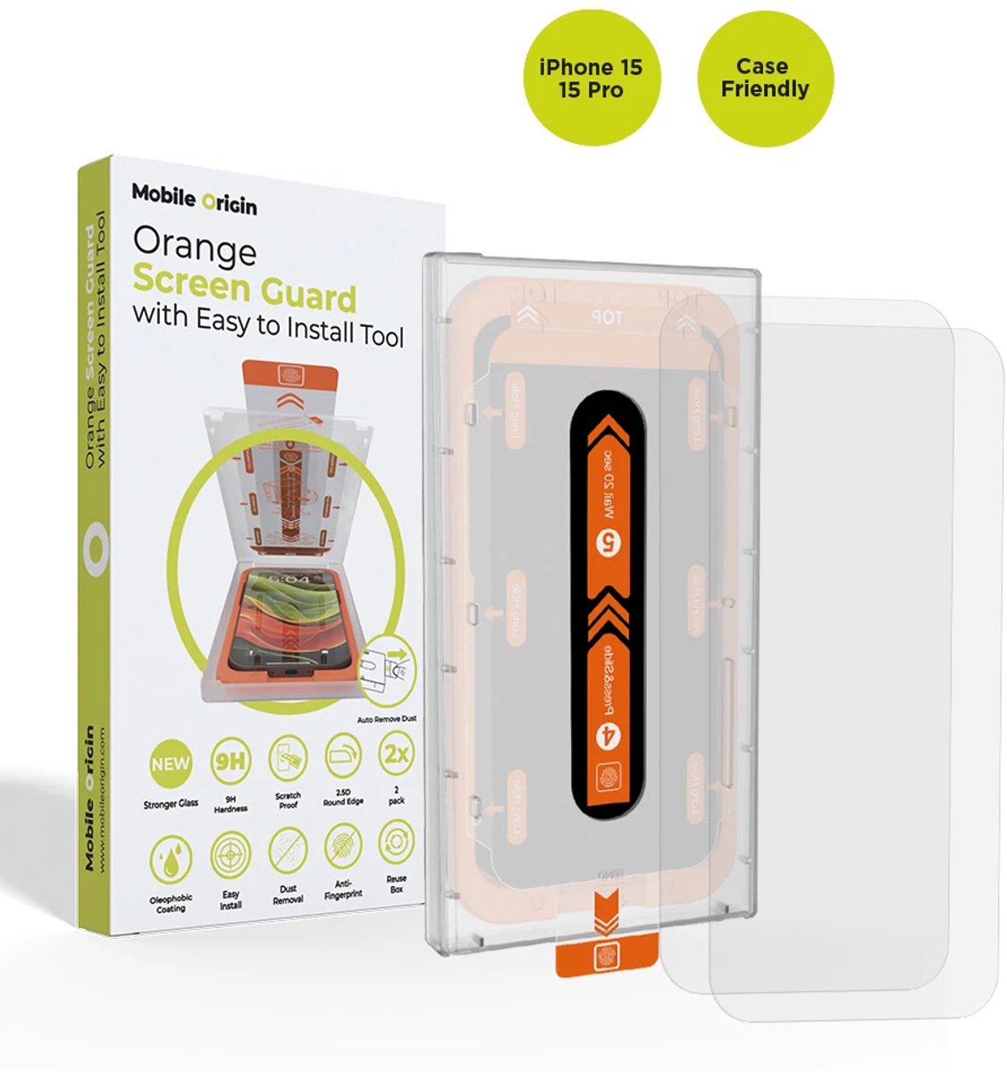 Mobile Origin Oranje Screen Guard Voor Iphone 15 Pro/15 Met Handige Applicator, 2 Stuks