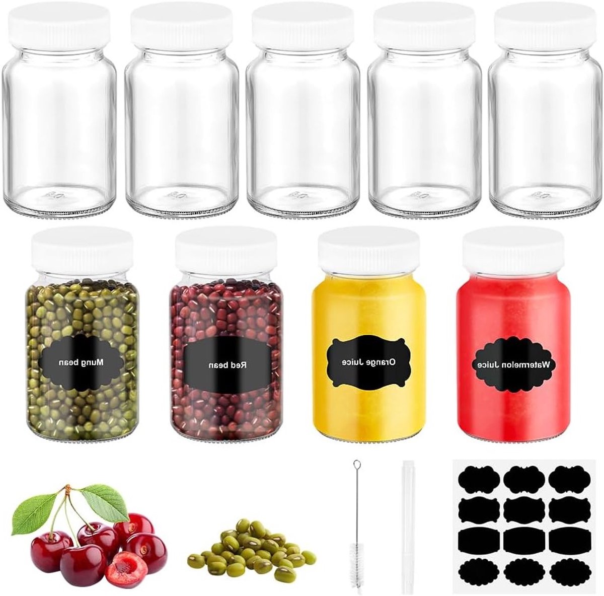 Set van 9 Stuks 60ml Glazen Sapflessen met Deksel en Labels, Herbruikbare Levensmiddelen Veilige Flessen voor Sap, Gember Shots en Kruiden