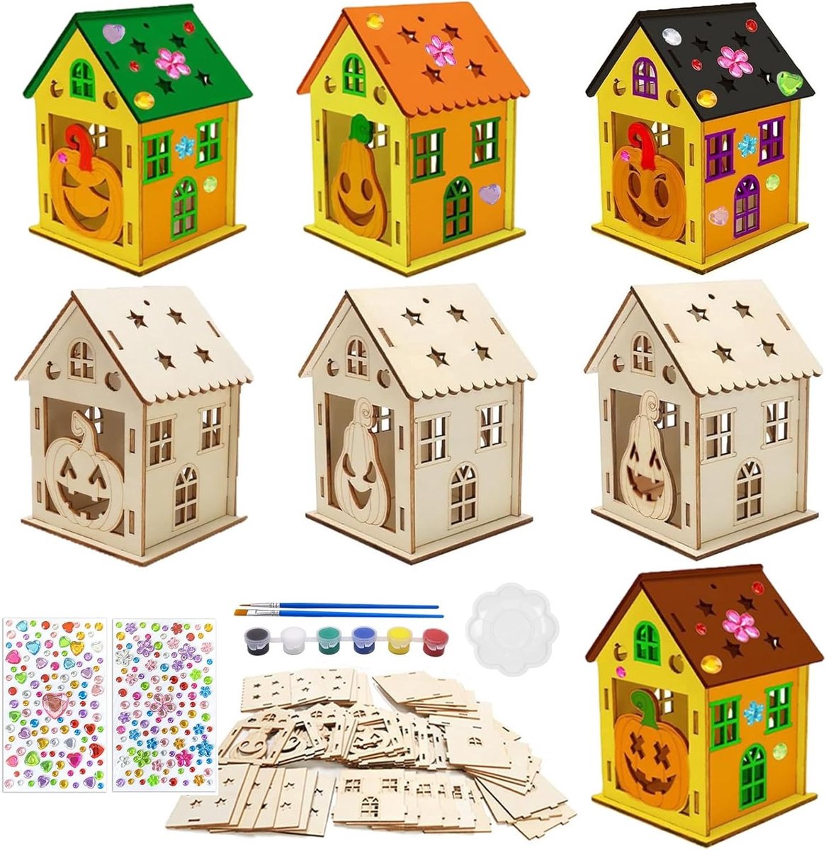 Creatieve 7-delige knutselset voor kinderen met schilderen, houten chips en Halloween-thema voor handwerk en cadeau ideeën