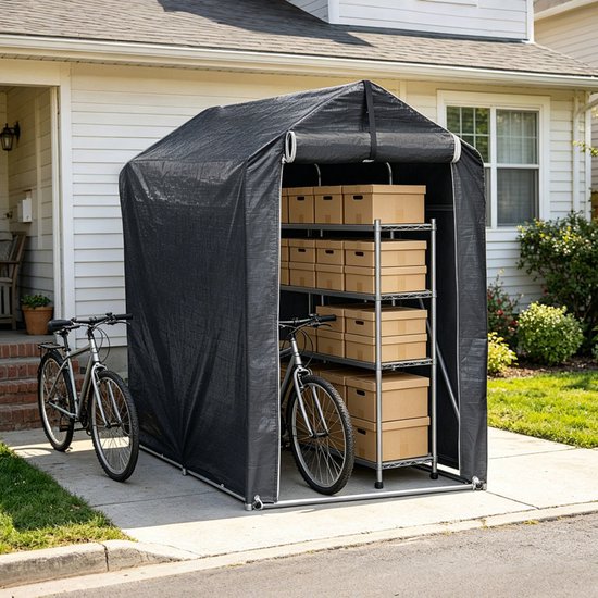 Grijze opbergtent met twee fietsen ernaast en binnenin opbergdozen op rekken.