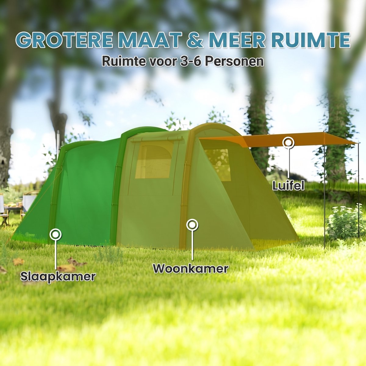 Familietent - Opblaasbare tunneltent - Buitentent - Aufblasbares Campingzelt 3-6 Personen - Met zijramen en deur - Opblaasbare constructie - 4,4 x 2,8 x 1,95 meter - Zonbescherming - Waterdicht - Blauw – foto 6