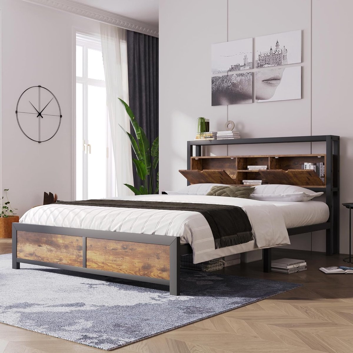 Industrieel Tweepersoonsbed met Multifunctioneel Opberghoofdbord en Metalen Frame – Robuust Bedframe 140x200 cm – Naturel Eiken & Zwart Metaal