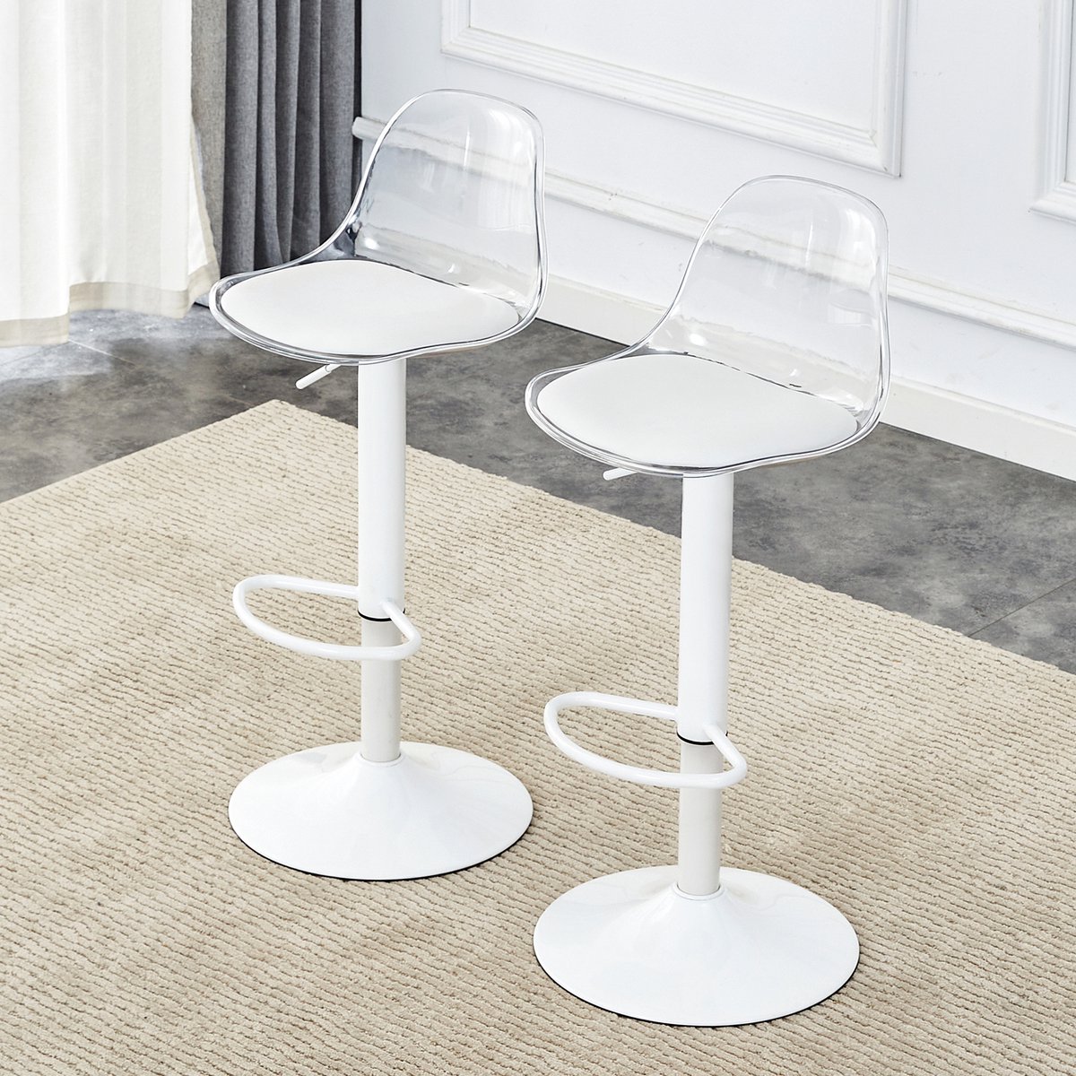MIVRAY Barkruk Set Van 2 82-104 Cm - In Hoogte Verstelbaar En 360 Graden Draaibaar - Voor Bar En Keukeneiland - Metaal Transparant Wit