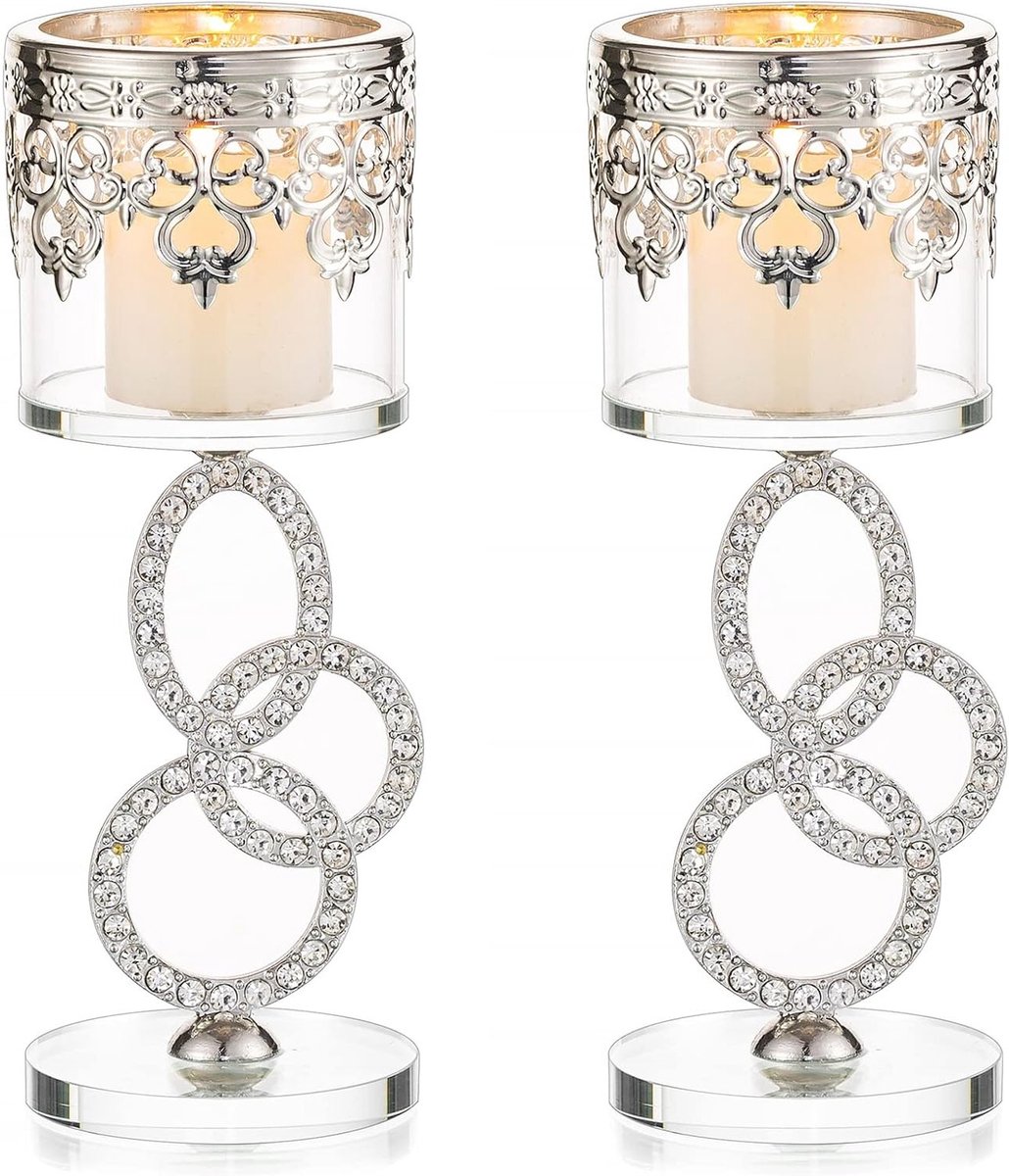 Elegante Kristallen Teelichthouder Set van 2 - Zilveren Kandelaar voor Pillarcandles, Ideaal voor Bruiloften, Feestjes en Woondecoratie