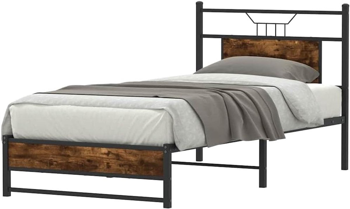 Bedframe Hout - Ledikant Eenpersoons - Goede Nachtrust - Met Lattenbodem - 75x190 cm - Gerookt Eiken