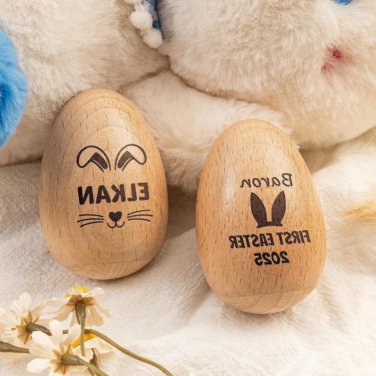 Houten Paaseieren - Gepersonaliseerde Eieren - Paasdecoratie - Handgemaakt Lindehout - 6 x 4 x 6 cm - Natuurlijk Hout
