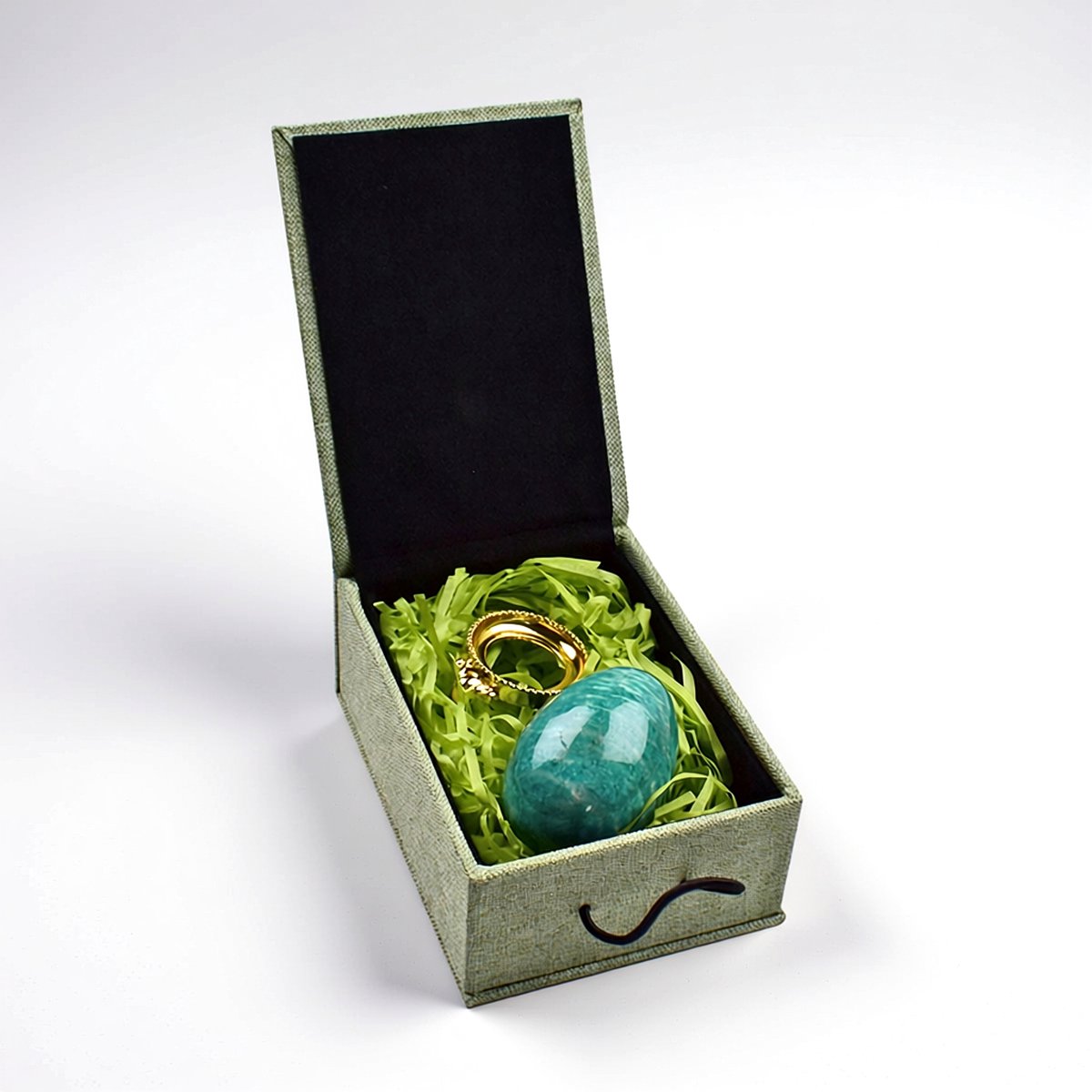 Cavill - Amazoniet Edelsteen 440 ct - 50x35 mm Turquoise Eiervorm - Goudkleurige Stand - Luxe Decoratie Accessoire