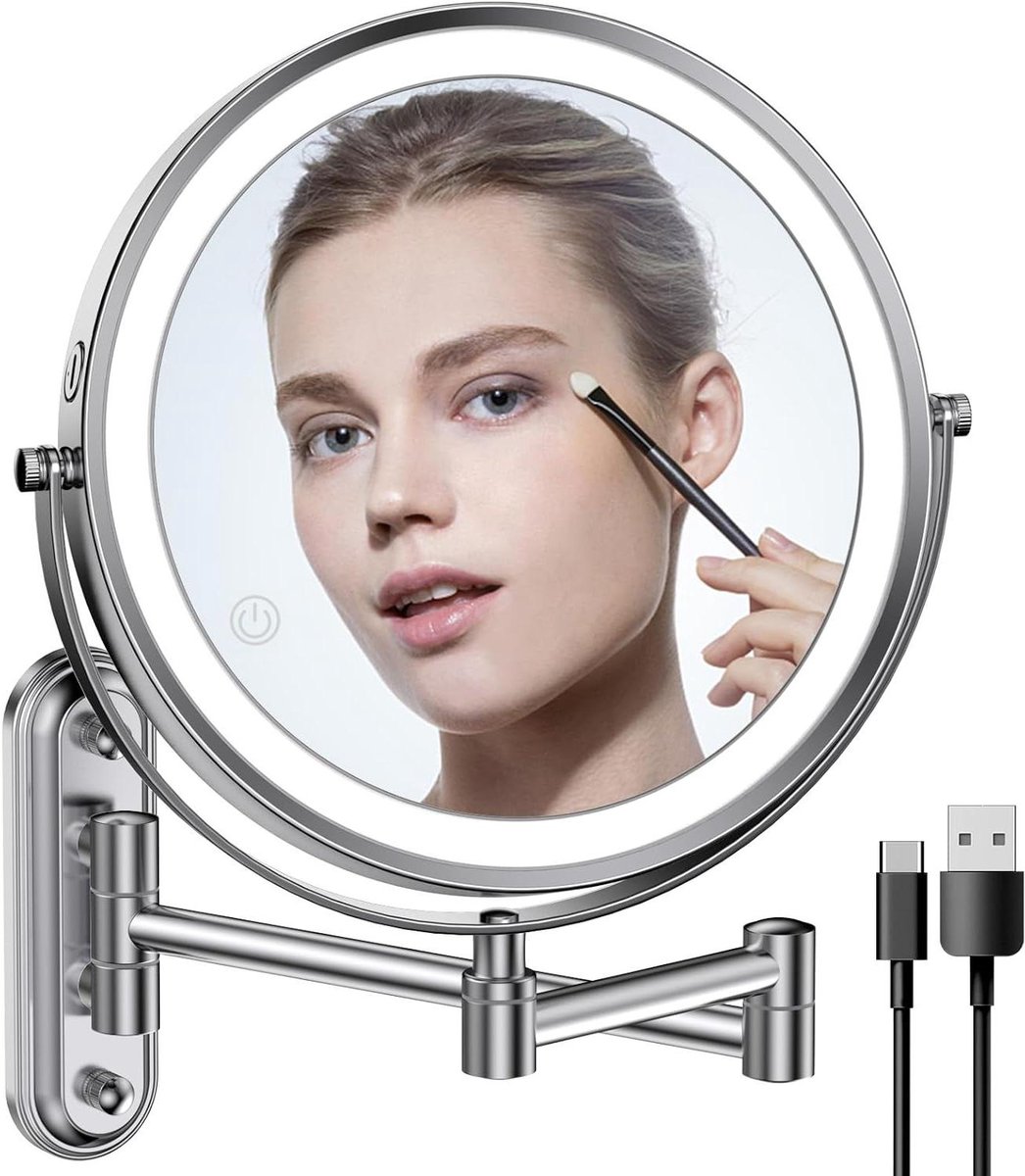 Wand Make-up Spiegel - Verlichte Spiegel LED - Gedetailleerde Make-up - Verstelbare Arm 360° - 8 Inch Diameter - Chroom