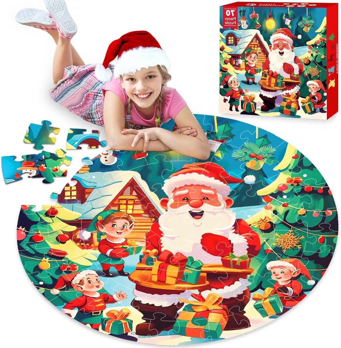 Vloerpuzzel Kind - Educatieve Puzzel - Spelenderwijs Leren - Uniek Kerst Design - 70 Stuks - Groen
