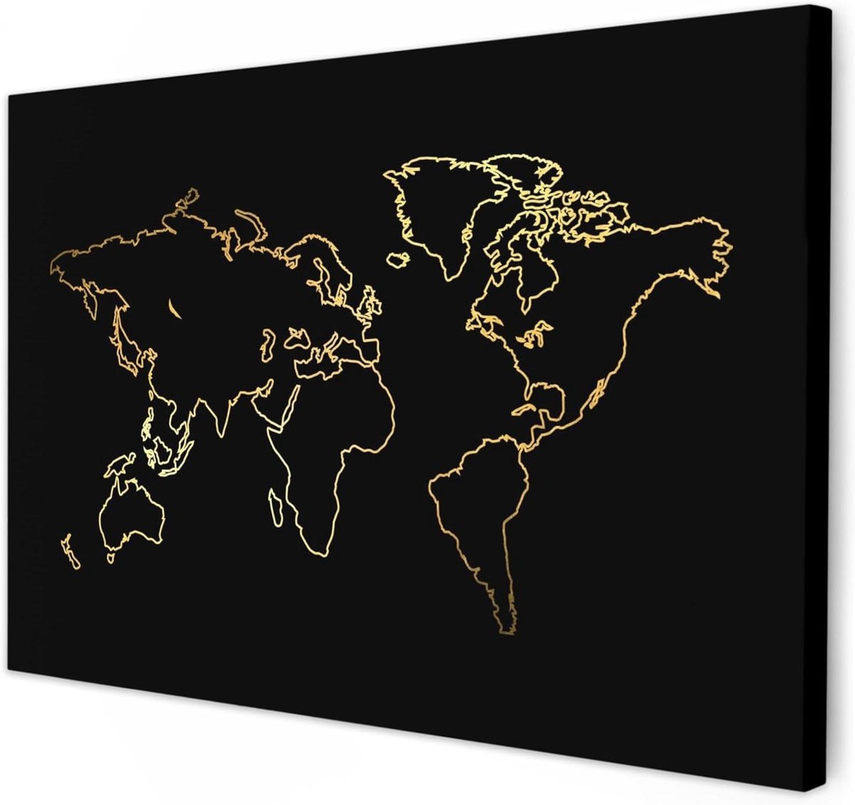 Canvas Schilderij Wereldkaart - Wanddecoratie Poster - Woonkamer Decoratie - Hout Frame 2cm - 120x80 cm - Zwart Goud