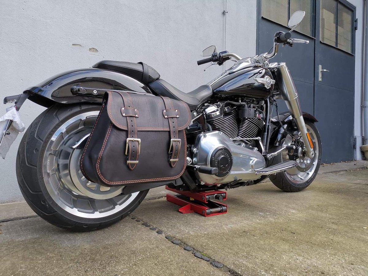 Zadeltas Leer - Zijtas Bagagetas - Motorfiets Bagage - Handgemaakt Versterkt - 41x35x18 cm - Zwart Oranje
