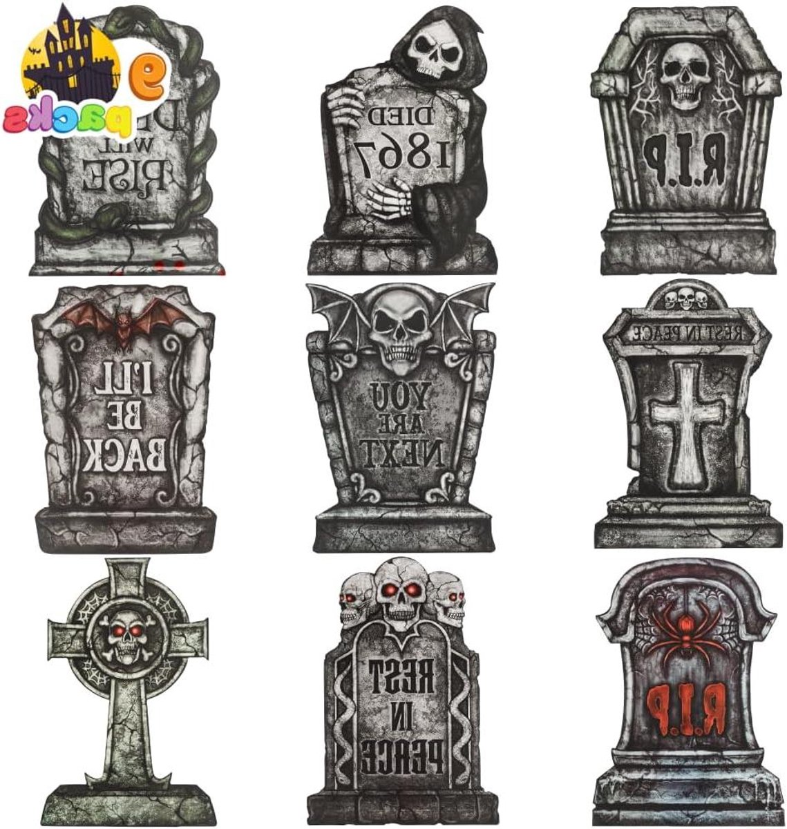Halloween Grafstenen - Kerkhof Decoratie - Tuin Versieren - Set van 9 Stuks - 406 cm - Grijs en Bruin