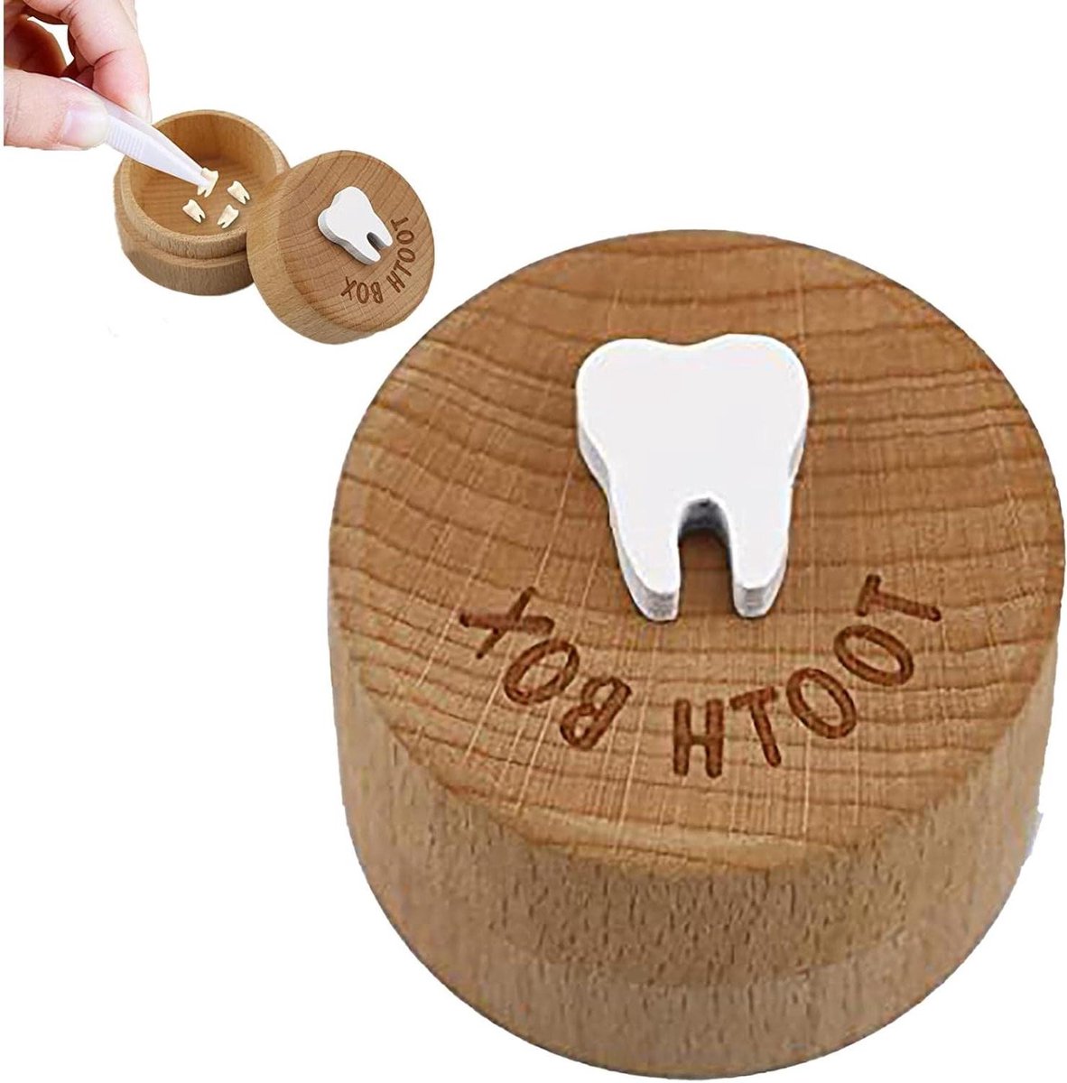 Houten Tandenfee Doos - Bewaardoos Tandjes - Herinneringen Bewaren - 3D Tand Patroon - 5 x 3.5 cm - Bruin