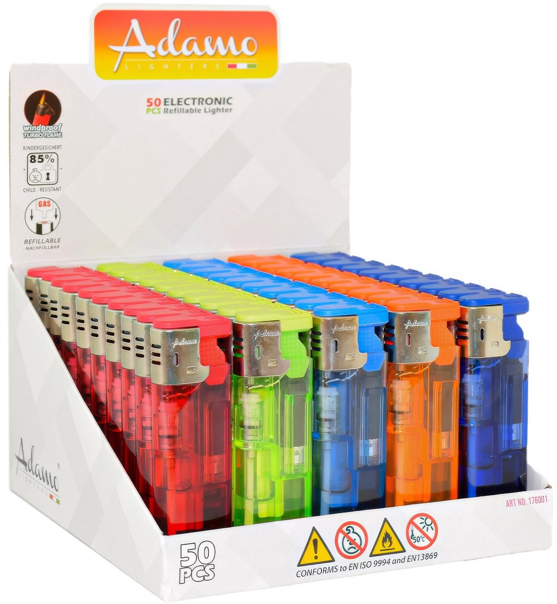 Adamo Elektronische Turbo Aanstekers Navulbaar Display (50 stuks)