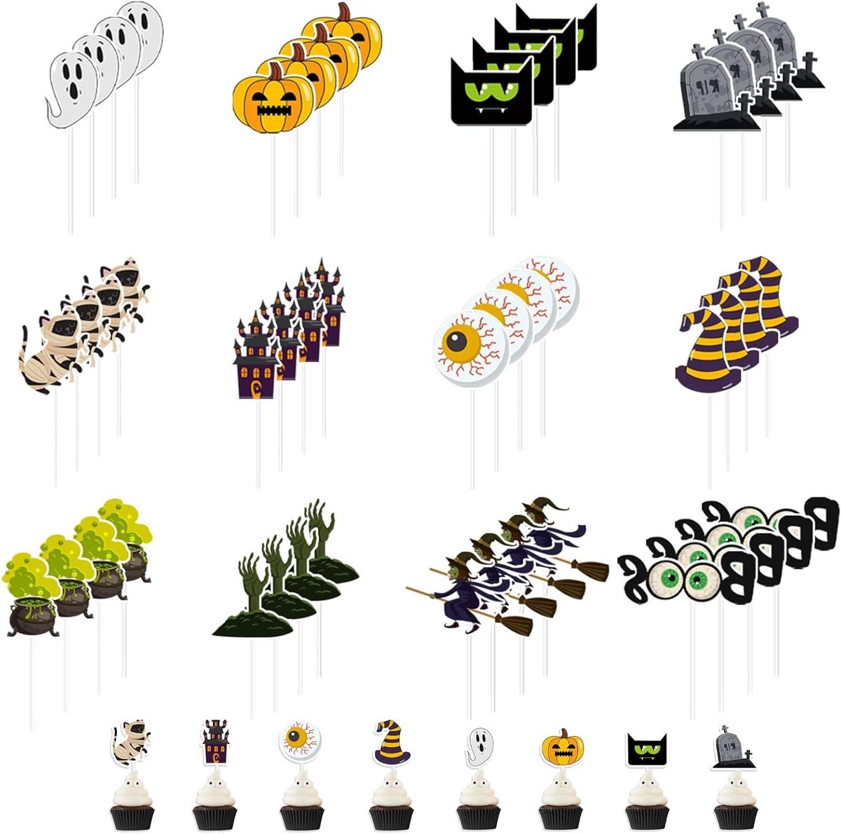 Halloween Cake Decoraties, 48 Stuks Versieringen voor Taarten en Cupcakes, Spookachtige Toppers voor Halloween Feesten en Verjaardagen