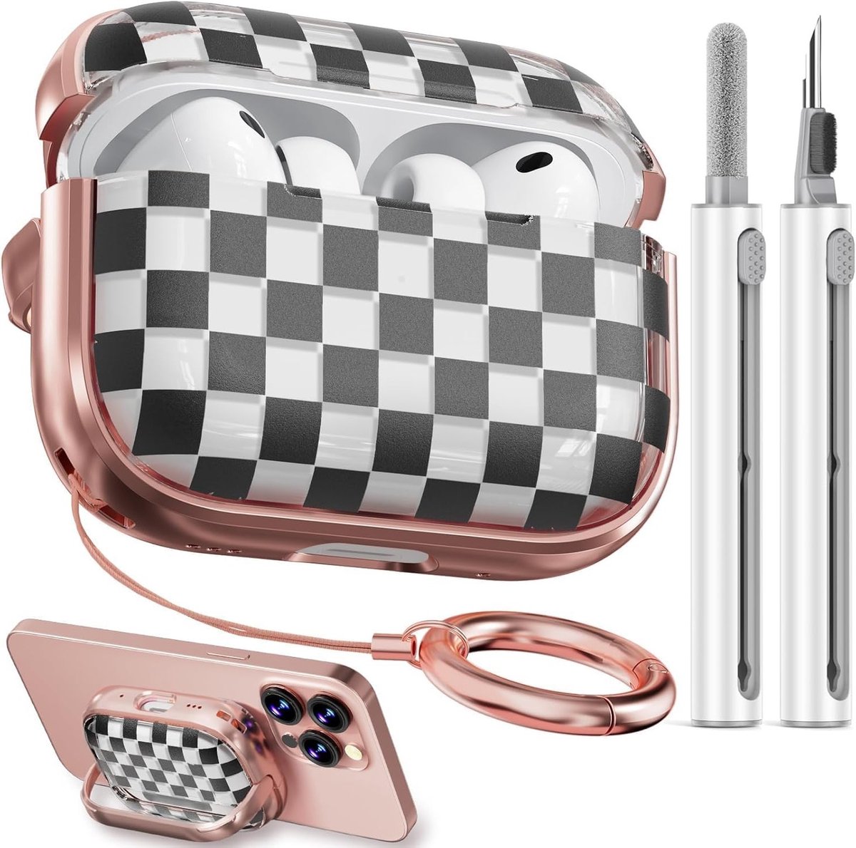 Floral Cute Case voor AirPods Pro 3 (2025) met Schoonmaakset en Sleutelhanger, Zwart-Wit Ruitpatroon voor Vrouwen en Meisjes, Bescherming en Stijl