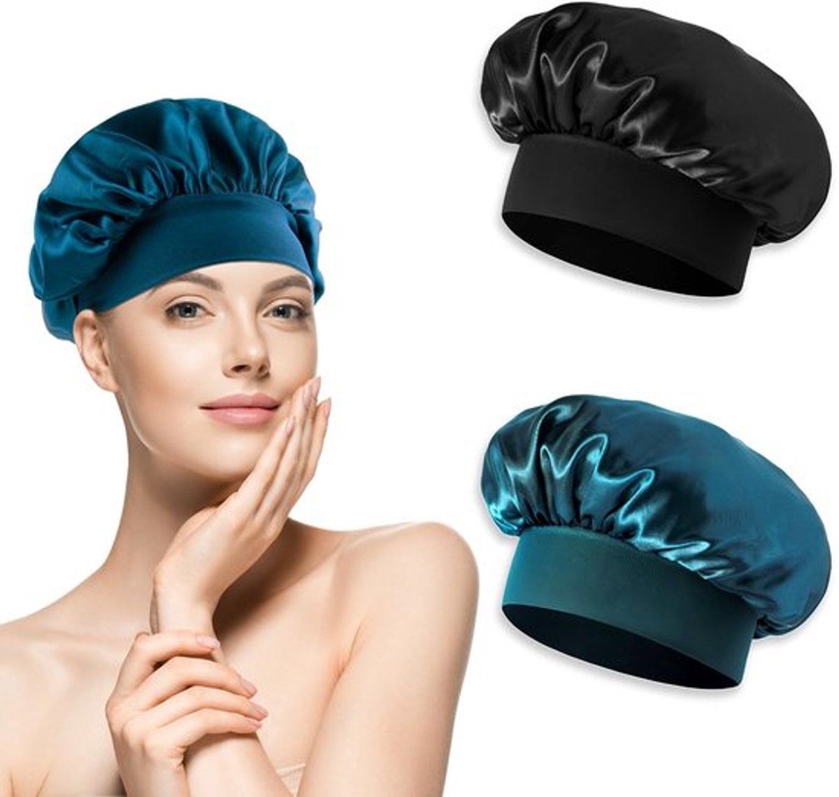 Luxe Zijde Slaapmuts voor Haar, Bonnet Wraps - Set van 2, Zachte en Comfortabele Satijnen Slaapmuts in Zwart en Pauwblauw, Zijde Haar Wraps voor Vrouwen, Satijnen Hoed, Zwart, Pauwblauw, Zwart,