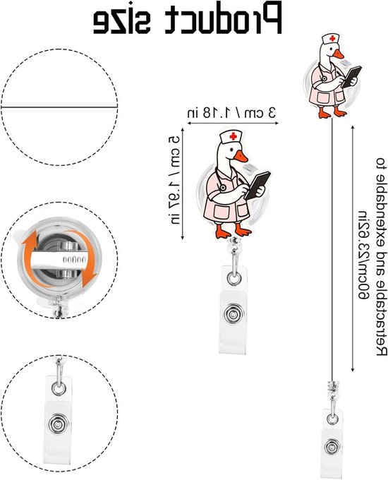 2 Stuks Retractable Badge Reel met Acrylic Dumb Goose Design voor Ziekenhuispersoneel, Verpleegkundigen en ID Kaarten Decoratie — afbeelding 5