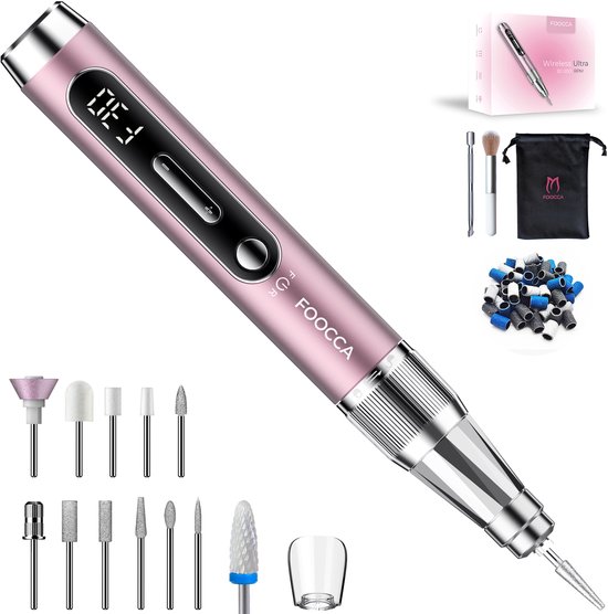 FOOCCA® Draadloze Elektrische Nagelvijl - Nagelfrees 30000 RPM - Oplaadbaar - Wireless Ultra - 12 Bitjes + 65 Schuurrolletjes + 3 Accessoires - Nagelstofkap - Manicure en Pedicure Set - Ergonomische Aluminium Behuizing - Eeltverwijderaar - Kalknagel
