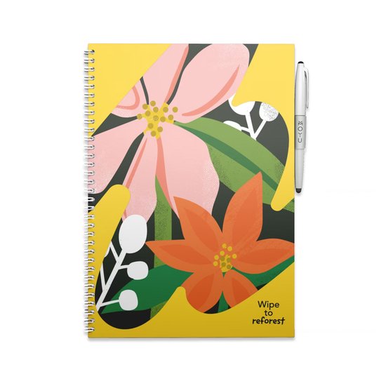 Carnet MOYU jaune avec de grandes fleurs roses et oranges, des feuilles vertes et le texte 'Wipe to reforest'.