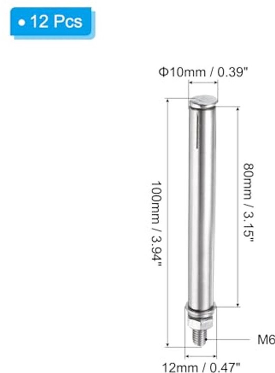 M6-100mm Expansie Doppen - 12 Stuks - RVS 304 - Voor Beton en Gipsplaat