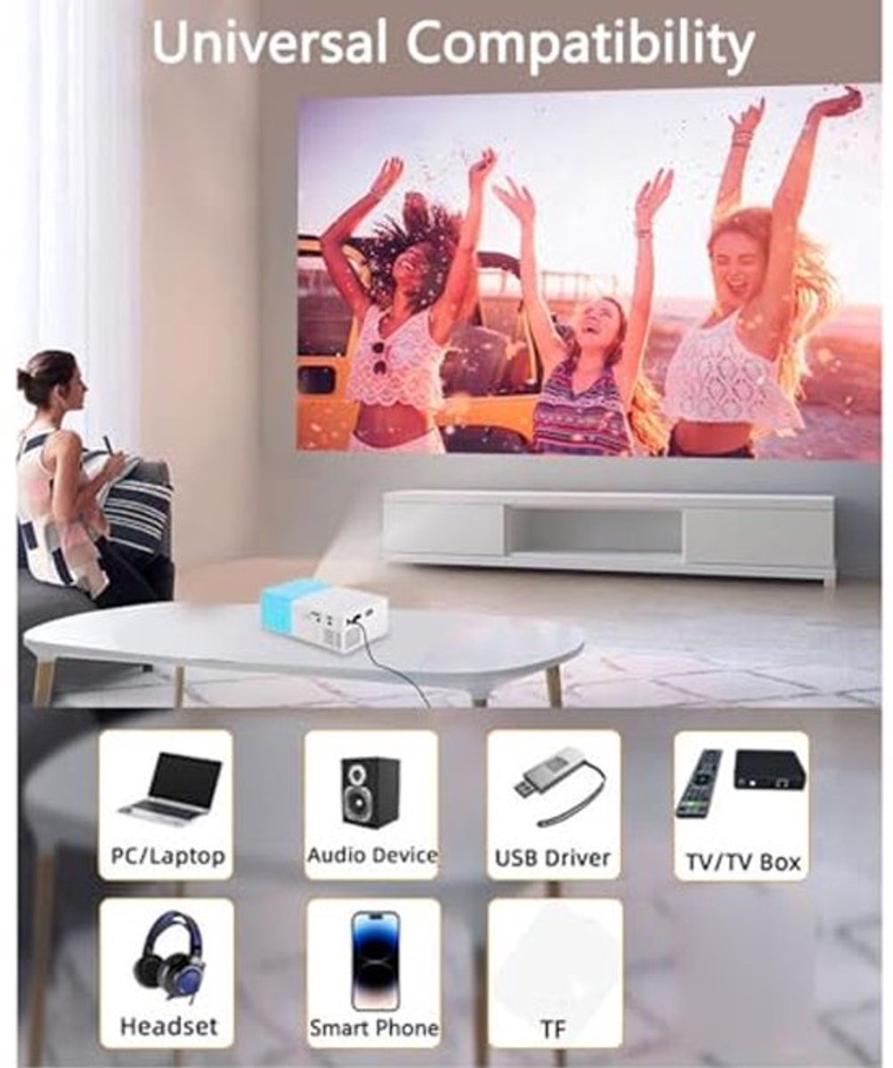 Miniprojector, Full HD 1080P Videoprojector, Draagbare Buitenprojector, Thuisbioscoopfilmtelefoonprojector Compatibel met Laptop/pc/tv-box/tv-sticks/smartphone (EU-stekker)