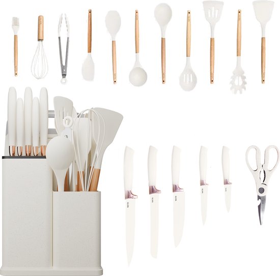 Noctis Compleet Keukengerei + Messenset - Off-White 19-Delige Set Met Houder - Houten Accenten - BPA-Vrij- Keukengerei - Hittebestendig - Siliconen Kookgerei