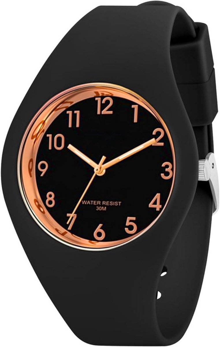 Dameshorloge met siliconen band, waterdicht analoog sporthorloge, analoog quartzhorloge voor dames, grote wijzerplaat, gemakkelijk af te lezen, modieus, stijlvol, eenvoudig voor vrouwen en meisjes,Zwart Roségoud