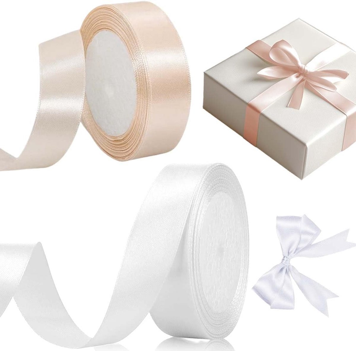 Satin Lint 22 m x 20 mm voor Cadeaus, Knutselen, Verjaardagen en Bruiloften in Wit en Champagne Roze
