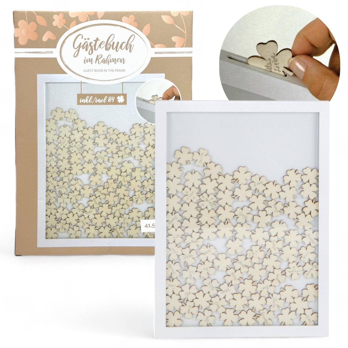 NTHProducts - Photo Frame for Guest Book - Alternatief voor gastenboek - Wit - Houten klavertjes - Herinneringen vastleggen - Geschikt voor bruiloft, v...