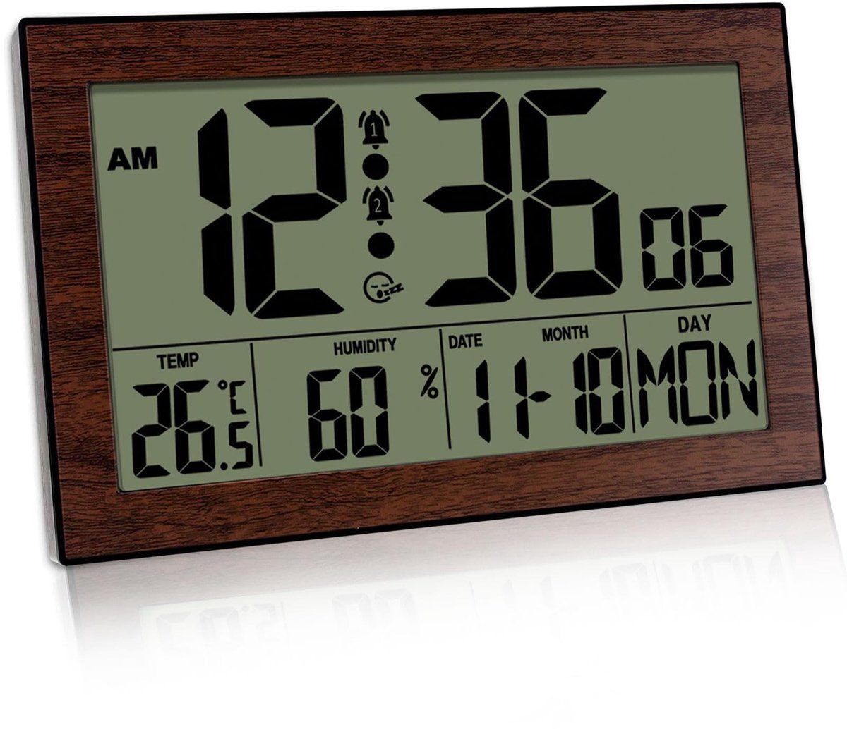 Allecto - Digitale Wandklok - Temperatuur en Vochtigheidsweergave - Stil en Praktisch - Bruin - Alarmklok - Geschikt voor Woonkamer en Slaapkamer