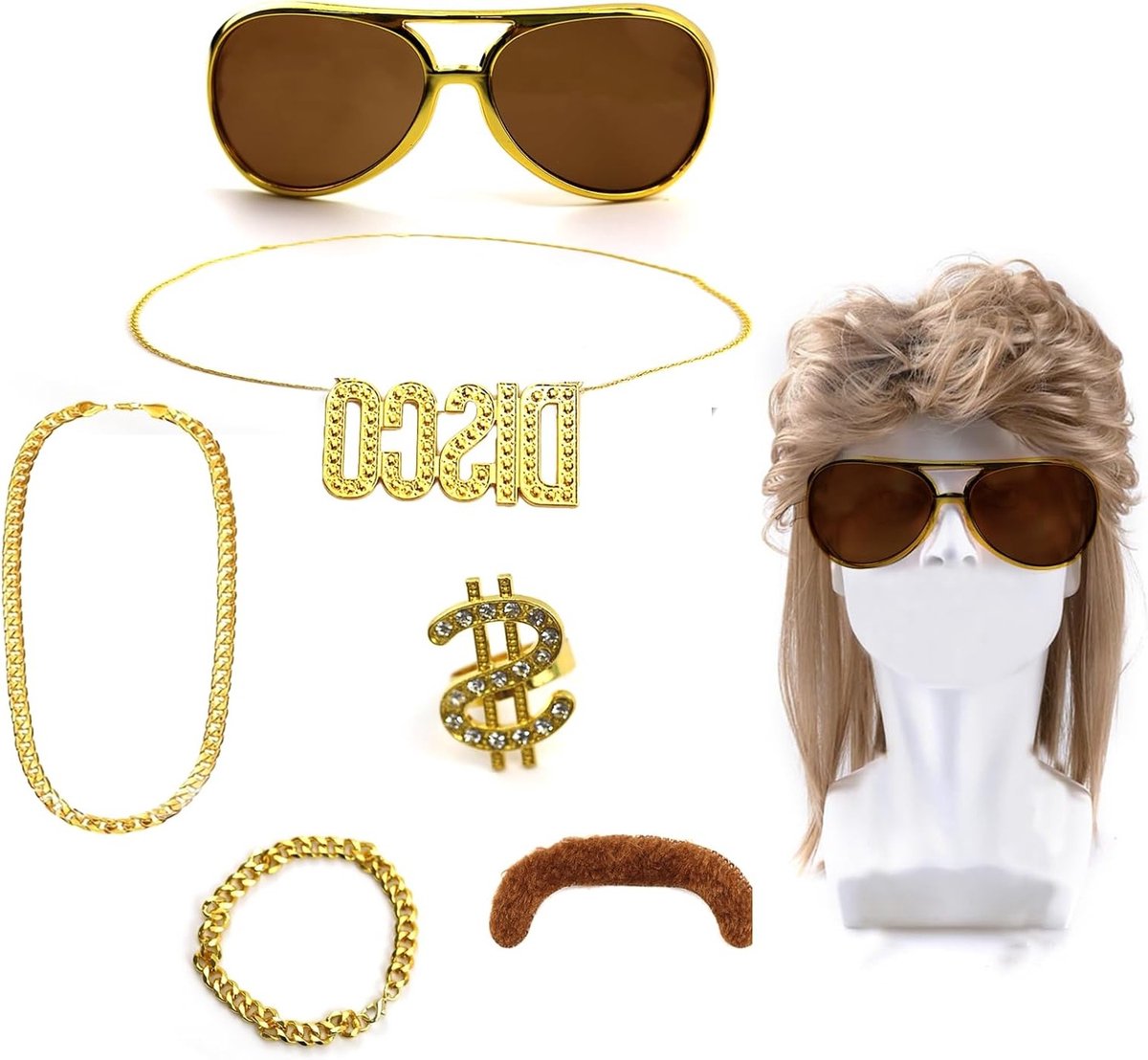 Stijlvolle Vokuhila Peruk voor Mannen - Retro Hip Hop Kostuum Set voor Carnaval en Halloween, Inclusief Accessoires