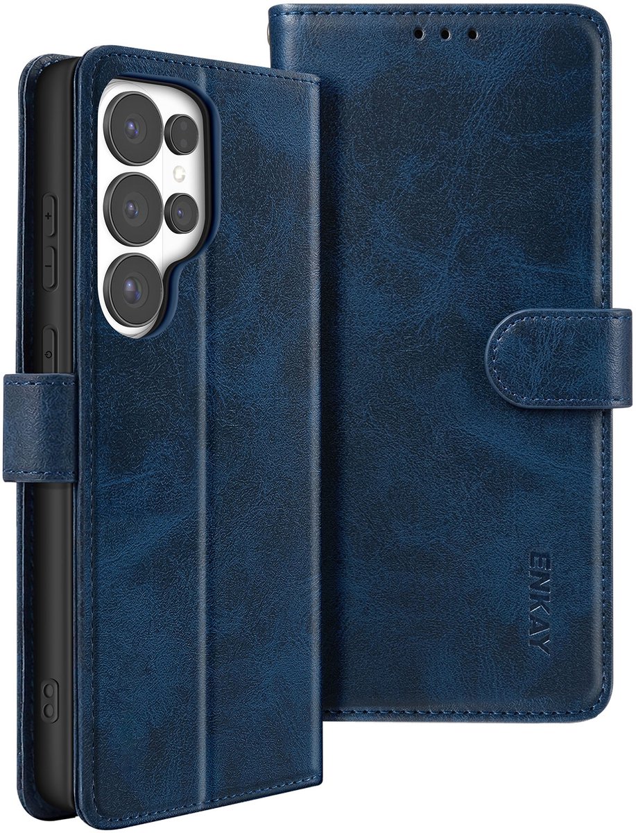 ENKAY, Portemonneehoesje Geschikt voor Samsung Galaxy S26 Ultra met Gehard Glas en Polsband, Nachtblauw