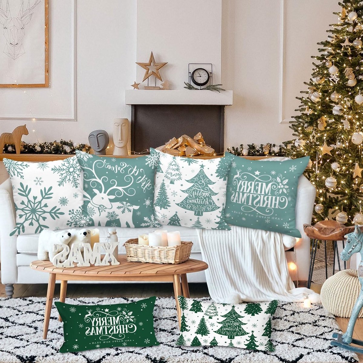 Decoratieve Kussenhoezen voor de Winter - Set van 4, 40x30cm, Sneeuwvlok Design voor Bank en Thuisgebruik in Lichtgroen