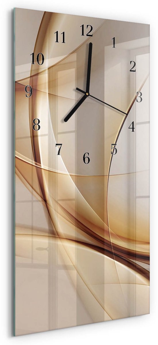 TULUP Wandklok - Abstractie Glazen Klok Met Print - 30x60 cm - Beige Moderne Glazen Wandklok - Zwarte Handen - Rechthoekige Wandklok - Klok Glas Met Opdruk - Moderne Wandklok Glas