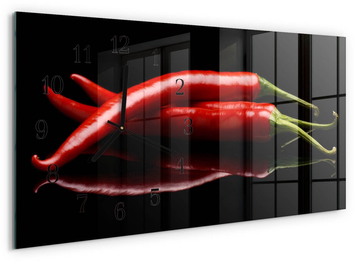 TULUP Wandklok - Chilipepers Wandklok Glas Met Motief - 60x30 cm - Zwart Decoratieve Glazen Klok - Zwarte Handen - Rechthoekige Wandklok - Gekleurde Glazen Klok - Glazen Klok Met Print Zwart - Chilipepers