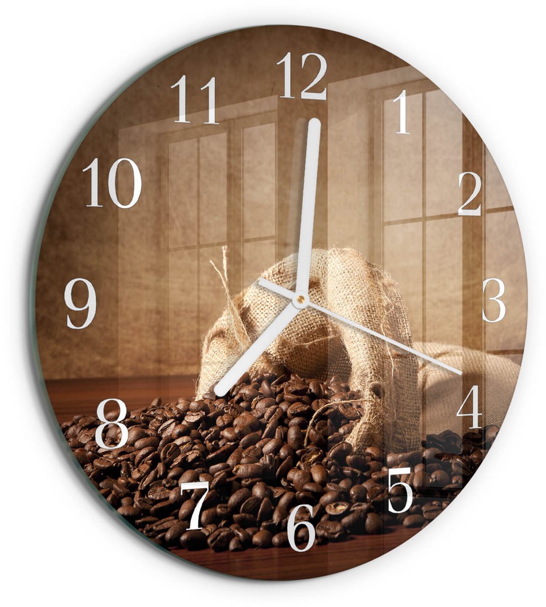 TULUP Wandklok - Koffie Moderne Wandklok Glas - 30fi cm - Bruin Wandklok Glas Decoratie - Witte Handen - Ronde Wandklok - Klok Glas Met Opdruk - Moderne Wandklok Glas