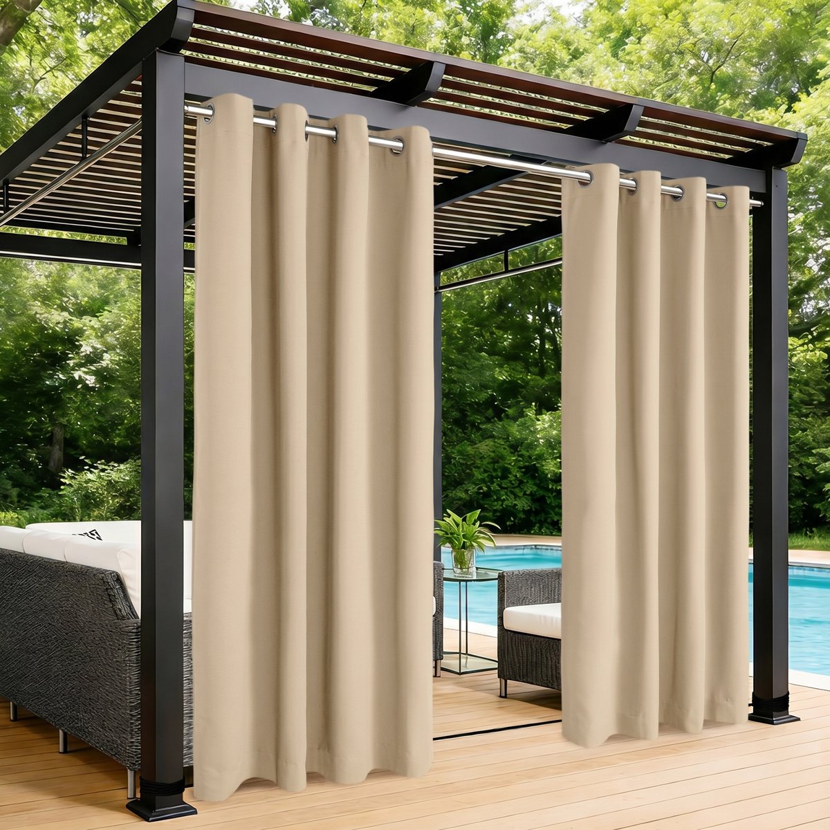 MUPOO Extra Brede Waterdicht Buitengordijnen Verduisterend met Ringen - UV Werend & Isolerend - Outdoor Gordijnen met Oogjes voor Tuin, Balkon &Pergola - 180x244 cm -Beige-2 stuks(Rideau Extérieur)