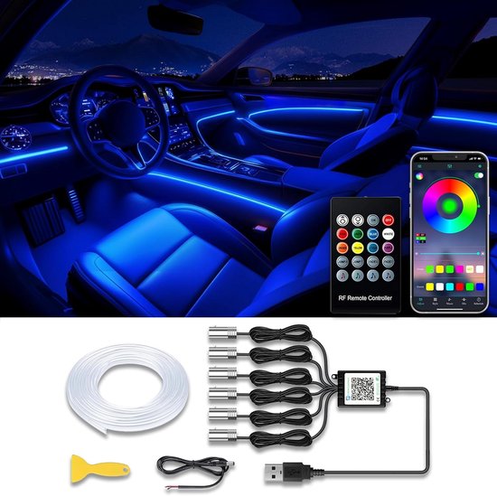 Auto Interieur LED Strip Verlichting - Draadloze APP & Afstandsbediening - RGB 6-in-1 Sfeerverlichting - 236 Inch Glasvezel - 16 Miljoen Kleuren - Muzieksynchronisatie