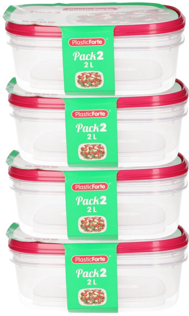 Plasticforte Vershoudbakjes - 8x stuks - 2 liter - herbruikbaar - transparant/roze - kunststof- magnetron - vriezer