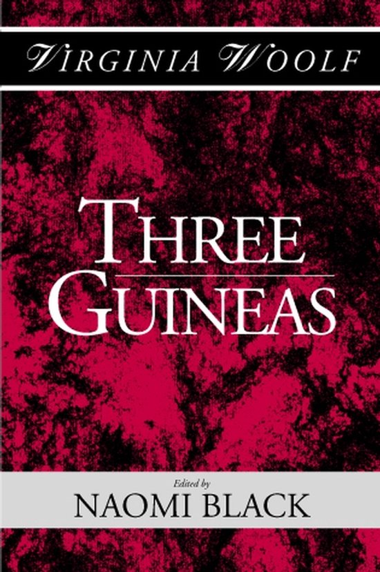 Boek 'Three Guineas' van Virginia Woolf, met rode en zwarte, wervelende achtergrond.