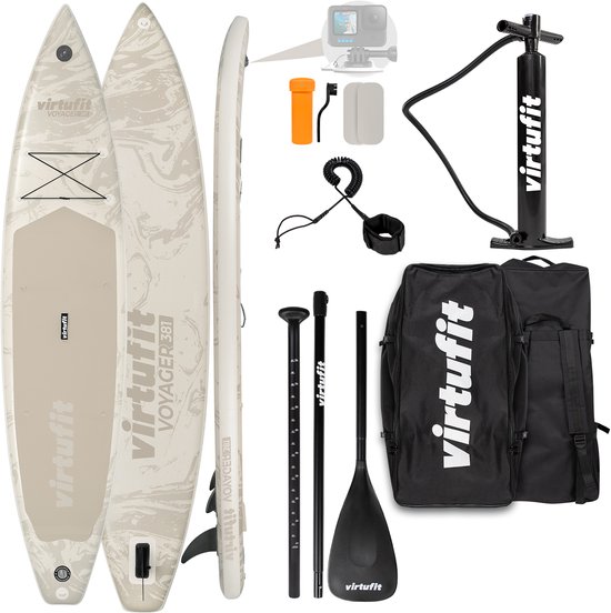 VirtuFit Voyager Opblaasbaar SUP Board 381 cm - Max. 180 kg - Stand Up Paddle Board voor Lange Afstanden - Extra Stabiliteit - Inclusief Accessoires en Draagtas - Beige