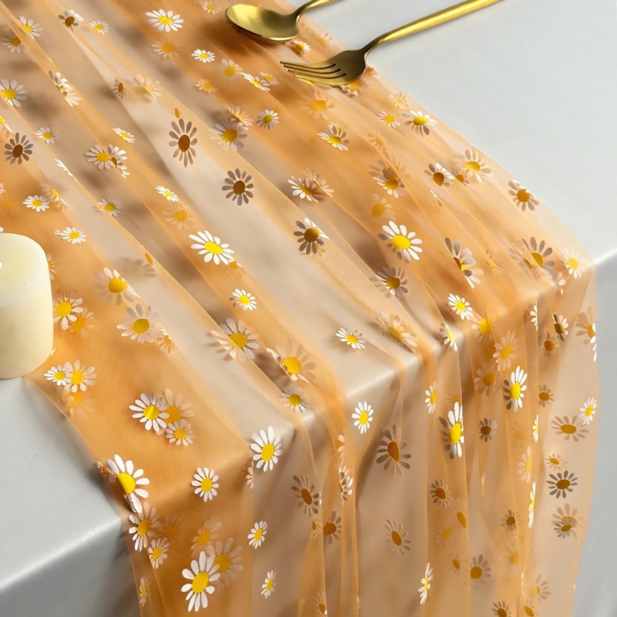 Tafelloper — Maat L — 75 x 400 cm — Tafellinnen — Transparante mesh & tule — Bloemenpatroon (madeliefjes) — Ideaal voor bruiloften & banketten — Geschikt voor familiebijeenkomsten, feestdagen en verjaardagsfeestjes — Transparante gaas-tafeldecoratie