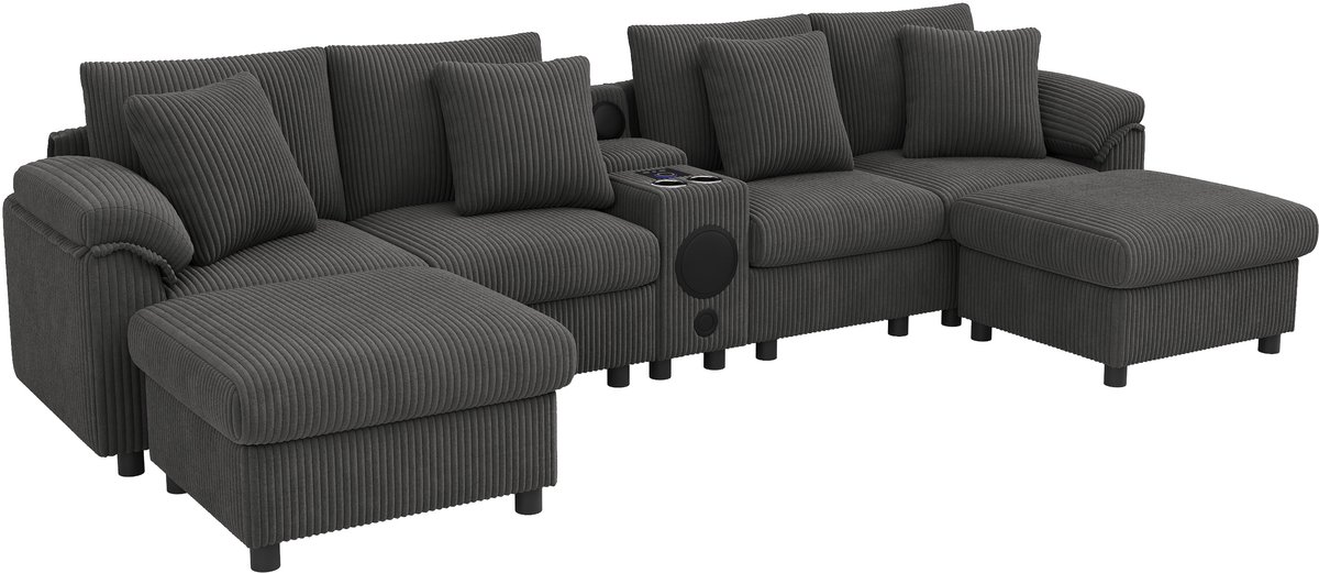 REDOM Modulaire Hoekbank - Bluetooth-Audiosysteem En Console - Modern - Voor Woonkamer - Cord - Grijs - 315,5 X 144 X 84,5 Cm