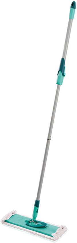 Une serpillière turquoise avec un manche argenté sur fond blanc.